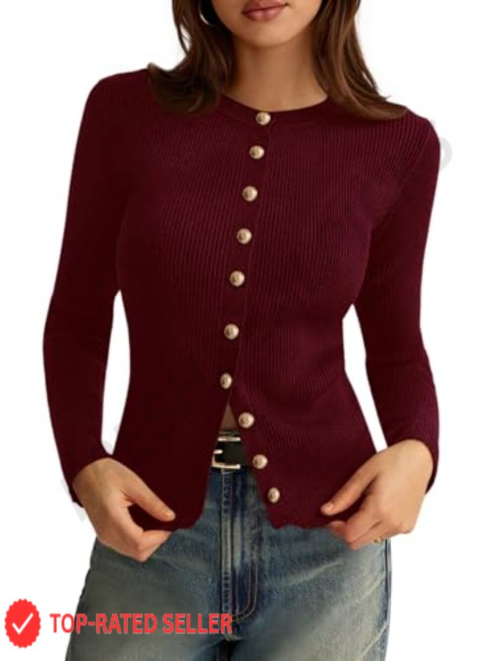 Ribbed Knit Lightweight Button Down Crewneck Cardigan Sweater Slim Fit